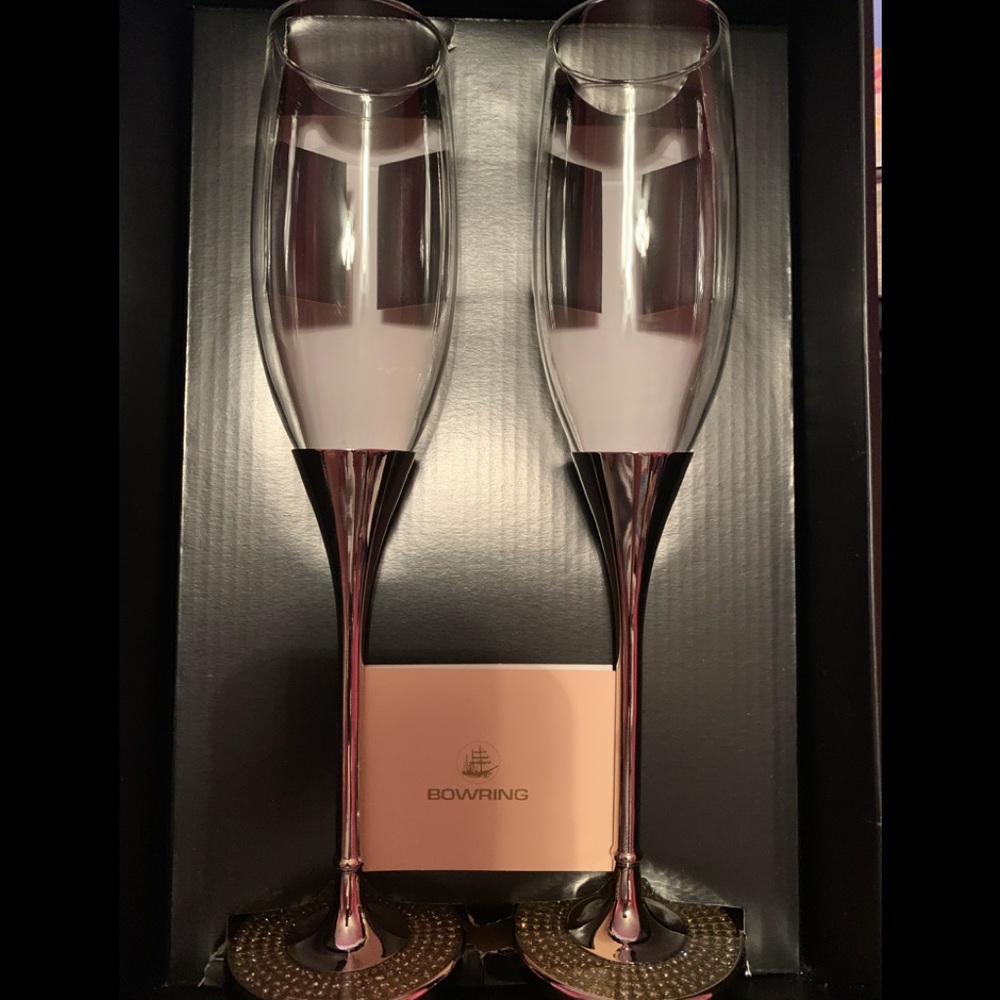 Champagne flutes, silver stems, crystal bases, new